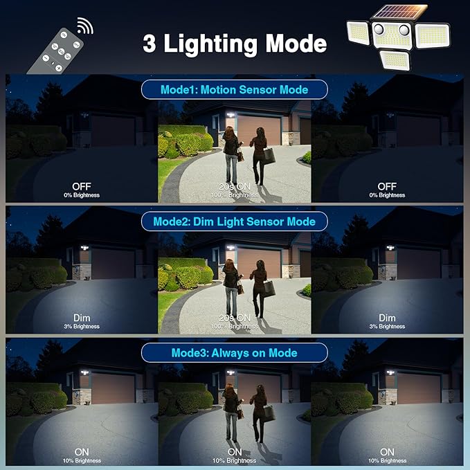 4500LM Solar Lights Outdoor Waterproof, 254 LED Solar Flood Lights Outdoor with 2 Motion Sensor, 4 Heads Security Light with Remote Control for Yard Outside House Garage 1 Pack
