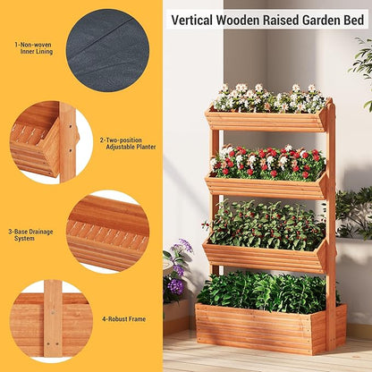 Vertical Wooden Raised Garden Bed Planters Wood Planter Kit Plant Stand Flower Rack Planter Box Gardening for Plants Herbs Flowers Vegetables Outdoor Indoor Freestanding (Orange 4-Tier)