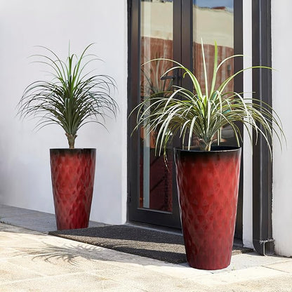 Glitzhome 23.75" H Tall Outdoor Planter, Set of 2 Wavy Texture Red Large Planters for Outdoor Plants, with Drainage Hole, Plastic Round Decorative Tall Flower Pots for Indoor Outdoor, Front Porch