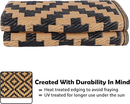 SAND MINE Waterproof Outdoor Rug 4x6 ft, Plastic Straw Area Rug, Large Floor Mat for Outdoors, RV, Patio, Backyard, Deck, Picnic, Beach, Trailer, Camping, Black & Brown Lattice
