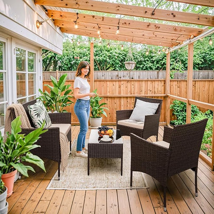 Homall 4 Pieces Outdoor Patio Furniture Sets Rattan Chair Wicker Set,Outdoor Indoor Use Backyard Porch Garden Poolside Balcony Furniture (Brown and Beige)