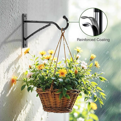6 Inch 2 Pack Heavy Duty Plant Hangers Outdoor, Metal Plant Brackets for Hanging Baskets, Plant Wall Hooks for Bird Feeders, Wind Chimes & Lanterns, Premium Metal Hooks Matte Black, 30lbs Capacity