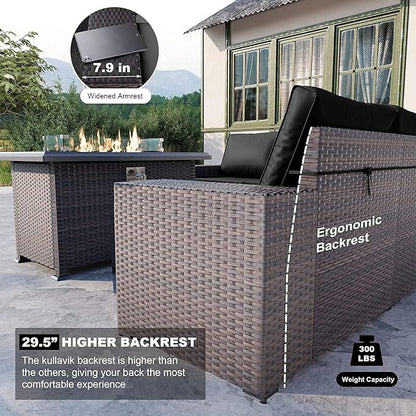 Kullavik 7 Pieces Outdoor Patio Furniture Set with 43" 55000BTU Gas Propane Fire Pit Table PE Wicker Rattan Sectional Sofa Patio Conversation Sets,Black