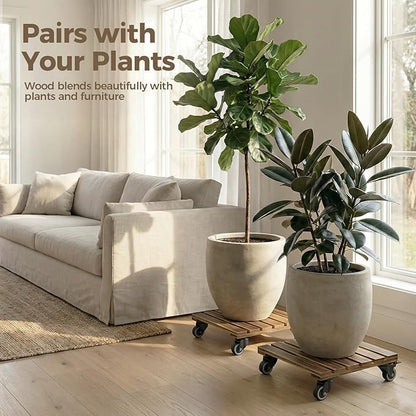 Bamworld 14 Inch Large Plant Stand Wood Plant Caddy with Wheels Heavy Duty Plant Dolly with 360 Lbs Capacity, 360° Lockable Wheels for Large Plant Pots, Indoor and Outdoor Use 2-Pack