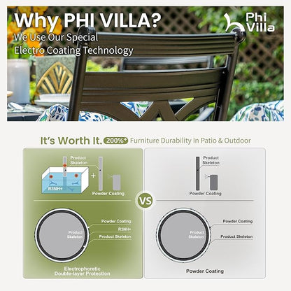 PHI VILLA Outdoor Patio Dining Set for 4 People with 10ft 3-Layer Auto-tilt Round Umbrella(Beige), Includes 4 Outdoor Chairs with Cushions and a Metal Square Table, Perfect for Garden, Lawn, or Deck