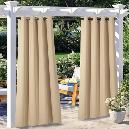 NICETOWN 2 Panels Outdoor Curtains for Patio Waterproof 108" Long, Triple Weave Stainless Steel Silver Grommet Thermal Insulated Privacy Room Darkening for Outdoor Living, Biscotti Beige, W52 x L108