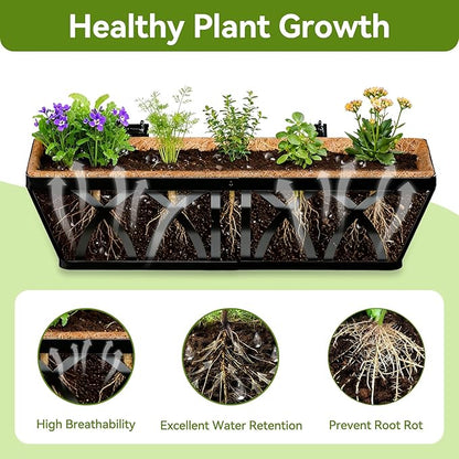 Halatool 2 Pack Heavy-Duty Metal Deck Railing Planter Box, 24 Inch Rust-Resistant Rectangular Window Boxes Planters with Coco Liner & Adjustable Brackets, Grow More On Your Balcony, Patio & Fence