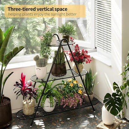 Plant Stand for Patio, 3-Tier Metal Plant Shelf–Indoor/Outdoor Display Rack for Multiple Pots, Heavy Duty Plants, Garden Flower Organizer (Black)