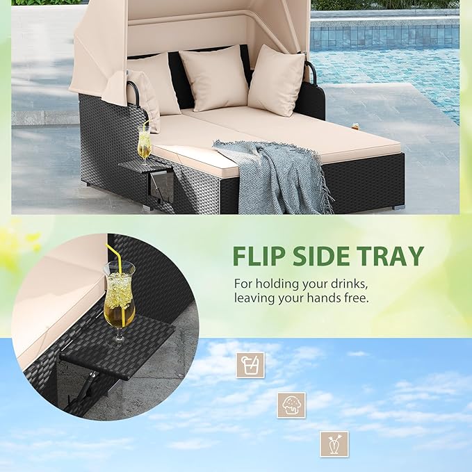 ORALNER Outdoor Daybed, 2-Person Wicker Patio Sofa with Retractable Canopy, Cushions & Pillows, 2 Side Trays, PE Rattan Double Sunbed Lounger for Deck Poolside Backyard Garden Balcony (Khaki)