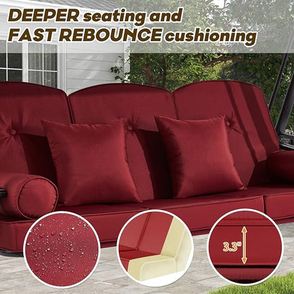 3 in 1 Outdoor Porch Swing with Adjustable Canopy, 3 Seat Outdoor Swing for Adults, Patio Swing Chair with Thickened Cushions,Pillows & Cup Holders for Backyard, Porch, Garden (Wine Red)