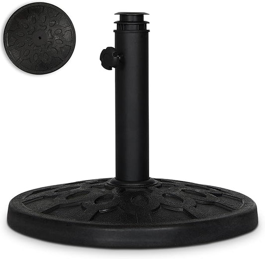 Backyard Expressions 20 lb Round Patio Umbrella Base – Heavy Duty Resin-Coated Calcium Carbonate Stand with Adjustable Pole Adapters Fits 1.5"–2" Poles, Weather-Resistant, Black Finish