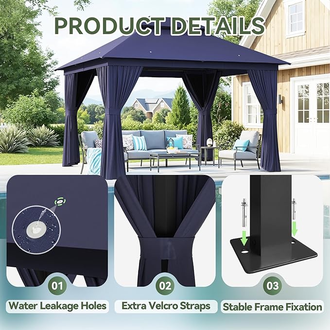 AOXUN Outdoor Gazebo for Patio 10x12 Metal Frame Canopy with Double Roofs Heavy Duty Party Tent and Shelter with Mosquito Netting and Privacy Screen for Backyard, Lawn, Garden, Deck (Navy Blue)