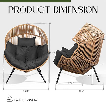 JAMFLY Egg Chair Wicker Outdoor Chairs, Oversized Patio Chair Oversized Lounger Chair with Cushion for Indoor Living Room, Bedroom, Outside Patio Backyard Balcony, Gray Cushion