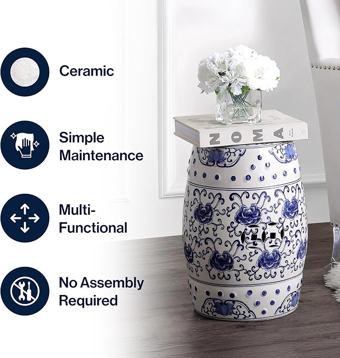Decorative Garden Stool, Blue and White Ceramic Lotus Drum, 17.75 Inch