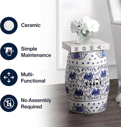 Decorative Garden Stool, Blue and White Ceramic Lotus Drum, 17.75 Inch