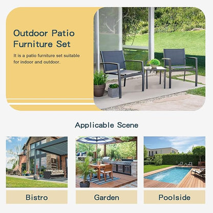 Homall 3 Pieces Patio Furniture Set Outdoor Patio Conversation Textilene Bistro Set Modern Porch Lawn Chairs with Coffee Table for Home and Balcony (Black)
