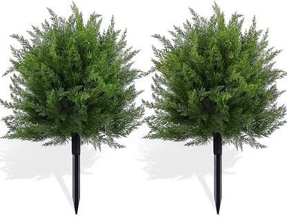 Artificial Topiary Bushes for Outdoors with Spike, Boxwood Ball Fake Shrubs UV Resistant Faux Plants for Indoor Outdoor Fall Thanksgiving Halloween Decor (Cedar Topiary Ball Trees)