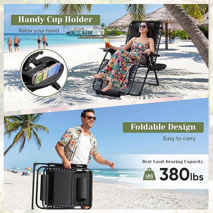 Homall Oversized Zero Gravity Chair, Set of 2 Recliner Lounge Chair with Removable Soft Cushion and Cup Holder, Adjustable Anti Gravity Chair Folding Patio Chairs Padded for Indoor and Outdoor (Black)