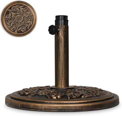 Backyard Expressions 20 lb Patio Umbrella Base Stand, Decorative Rose Medallion Antique Bronze Finish, Fits 1.5–1.9 in Poles w/Adapters, 18 in Round Weighted Outdoor Umbrella Holder for Deck & Table