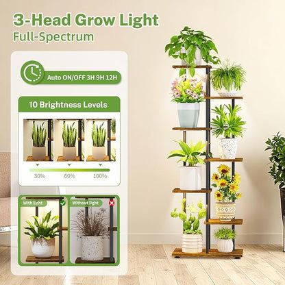 iDavosic.ly 6 Tier Tall Plant Stand Indoor with Light, Tiered Corner Metal Wood Multiple Flower Holder Shelf, 50 Inch Display Grow Rack for Living Room Bedroom, Modern Black & Rustic Brown