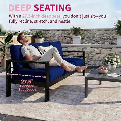 Kiss the Water Outdoor Couch Aluminum Patio Furniture Sofa, 3 Seat All-Weather Metal Patio Couch with 5" Thick and Soft Cushion and Wide Arm, Outdoor Sofa for Balcony, Porch