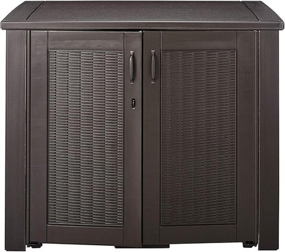 Rubbermaid Decorative Outdoor Storage Cabinet (123 Gal) Weather Resistant Dark Brown Organization for Home/Backyard/Pool Chemicals/Toys/Garden Tools/Porch/Patio Cushions