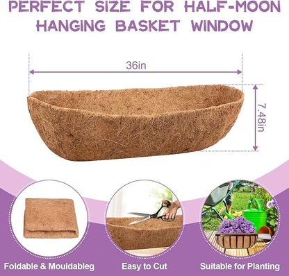 Riare 4 Pack 36 Inch Trough Coir Liners for Planters, Pre-Formed Coconut Coir Replacement Natural Coco Fiber Window Box Liners for Wall Planter, Window Basket Deck Railing Planter