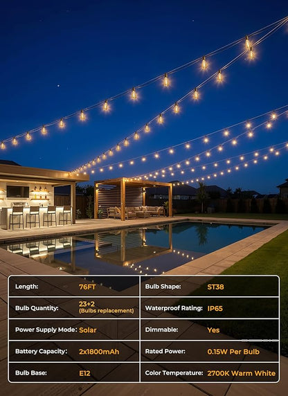 Brightown 76FT Solar String Lights Outdoor Waterproof, Patio Lights with Remote and 23+1 LED Shatterproof Bulbs, Dimmable & Timable, 3 Light Modes, Solar Lights Outdoor for Yard Camping Party Outside