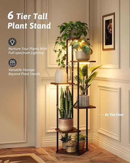Corner Plant Stand Indoor 6 tiered plant shelf for Multiple Plants tall plant holder plant table metal shelving for Living Room Bedroom Balcony Patio Brown Oak with Light