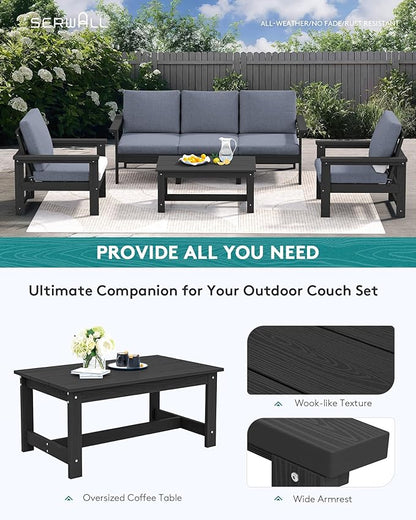 SERWALL HDPE Patio Conversation Set, 6-piece Sectional Outdoor Furniture Set, All Weather Outdoor Couch Set Patio Furniture Set for Deck, Lawn, Black Frame with Grey Cushion