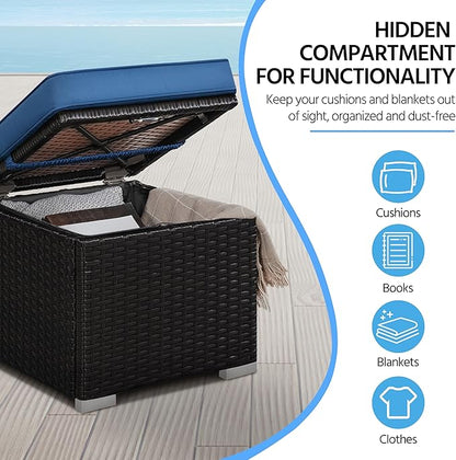 Yaheetech Wicker Ottomans, Set of 2 Patio PE Rattan Side Tables with Hidden Storage & Removable Cushion, Outdoor/Indoor Footstools, Additional Seating for Garden/Balcony/Yard, Brown/Dark Blue