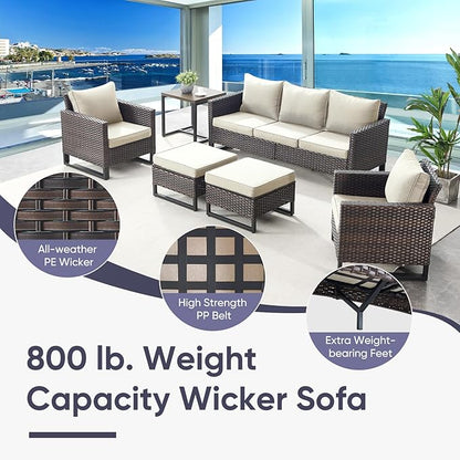 Belord 7 Piece Outdoor Furniture Patio Wicker Sofa Set, Oversize Outdoor Swivel Rocker Chairs with Rattan Ottomans, Conversation Sets Patio Furniture Come with Removable Washable Cushion Beige, Brown