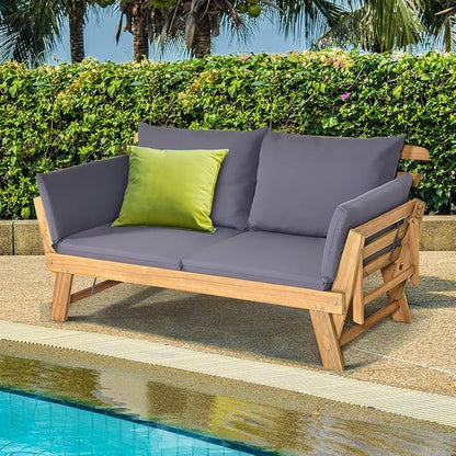 Tangkula Convertible Acacia Wood Patio Couch Sofa Bed with Adjustable Armrest, Outdoor Daybed with Cushion & Pillows, Outside Folding Futon Sofa Couch Bench for Porch, Courtyard, Poolside & Garden