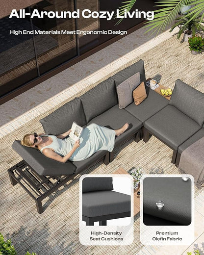 Aluminum Modular Outdoor Patio Furniture Set, 8 Seats Sectional Sofa Set with Adjustable Backrest & Thick Cushions, All-Weather L-Shaped Corner Set with Table for Garden & Yard, Graphite