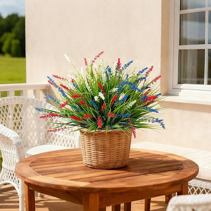 Artificial Faux Plants for Outdoor Spring Decoration, 12 Pcs Fake Monkey Grass for Garden Porch Balcony Planters, Fake Flowers Shrubs UV Resistant No Fade Plants Greenery Bush (Red Blue White)