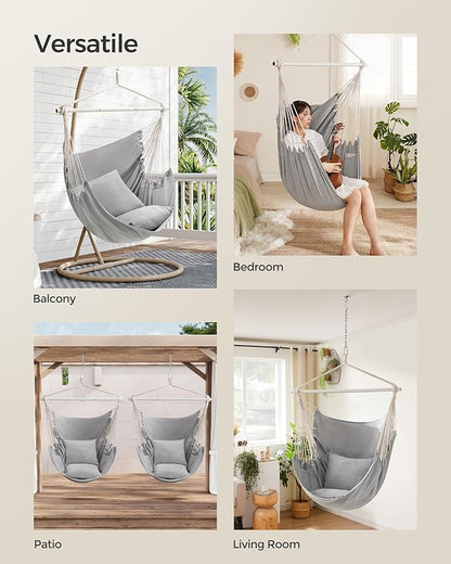 SONGMICS Hammock Chair, Load Capacity 500 lb, Hanging Chair with 2 Cushions, Large Hammock Swing with Chain and Pocket, for Indoor, Outdoor, Living Room, Bedroom, Dove Gray UGDC197G01