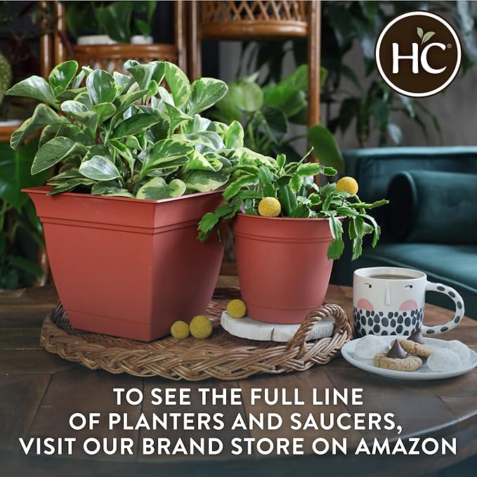 The HC Companies 10 Inch Eclipse Square Planter Pots with Drainage Holes & Attached Saucer, Lightweight UV-Resistant Plastic Indoor Outdoor Planters, 2-Pack Flower Pots for Garden & Home Decor, Red