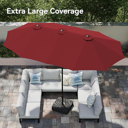 PHI VILLA 15ft Patio Umbrella Double-Sided Outdoor Market Extra Large Umbrella with Crank, Umbrella Base Included (Dark Red)