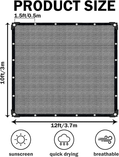 10x12 FT Sun Shade Cloth with Grommets, Pergola Shade Cover Canopy, 90% Sunblock Fabric Fence Privacy Screens for Outdoor, Garden, Patio, Balcony, Carport, Porch, Deck (Gray)
