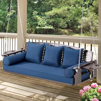 3 Seat Porch Swing, Patio Swing Bench with Cup Holders & 3 Back Cushions, Swing Chair with Chains for Deck Garden Backyard,Blue