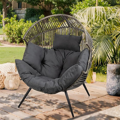 Vongrasig Outdoor Wicker Egg Chair PE Rattan Chair with Cushion, Oversized Patio Lounge Chair for Outdoor, Indoor, Balcony, Backyard, Garden, Black/Rattan
