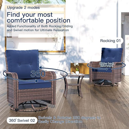 Kullavik 10 Pieces Outdoor Patio Furniture Set,PE Wicker Rattan Sectional Sofa Patio Conversation Sets with 43" 55000BTU Gas Propane Fire Pit Table,Swivel Rocking Chairs Set,Navy Blue