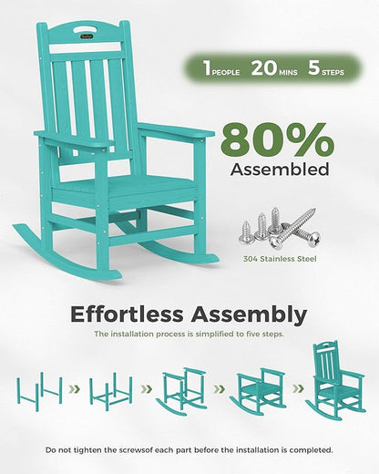 Rocking Chair for Outdoors, Lake Blue HDPE with 30-Inch High Back