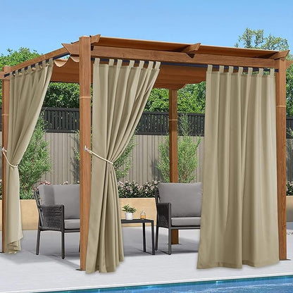 NICETOWN Patio Curtains Outdoor Waterproof 84 inch Long 2 Panels=110" Wide, Tab Top Thermal Insulated Water Resistant Outdoor Drapes Keep Privacy for Pergola/Arbor, Taupe