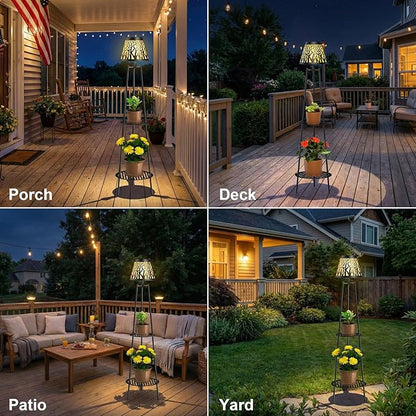 2 Pack 45.5'' Outdoor Floor Lamps with 2 Tier Plant Stand, Solar Powered Metal Waterproof Lights for Patio Deck Yard Garden Porch Decor