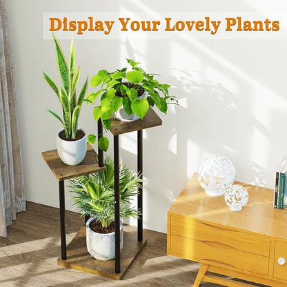3 Tier Corner Plant Stand Indoor, Metal Wood Flower Pot Holder Shelf, Multiple Display Rack Square Table for Living Room Bedroom Orchid Outdoor Balcony Garden Patio, Modern Black & Rustic Brown