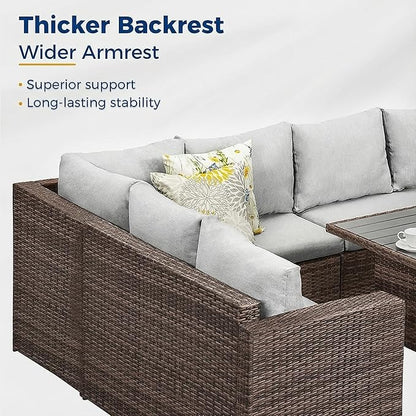 Wisteria Lane 7 Piece Patio Furniture Set, Wicker Patio Sectional with Wide Armrest, All Weather Outdoor Dining Set, Outdoor Furniture Patio Conversation Set with Ottoman, Grey