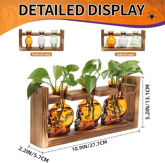 Terrarium Propagation Station, Amber Skull Glass Vases, Wood Stand, Set of 3