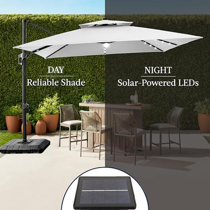 Best Choice Products 12x12ft LED Cantilever Patio Umbrella w/Base Included & 360° Rotation, Large Solar Offset Hanging Outdoor Sun Shade for Deck, Backyard Table w/Stand & Lights – Fog Gray