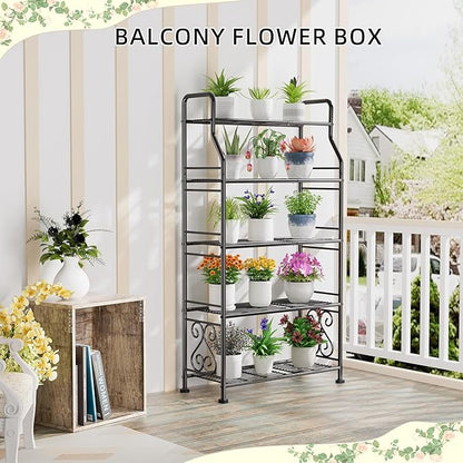 GIOTORENT Plant Stand Outdoor Indoor 5 Tier Metal Waterproof - 53.2" Plant Shelf for Patio, Balcony, Living Room, Large Capacity Tiered Plant Rack, Black